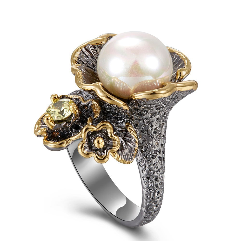 Big flower ring with pearl olivine stones anel female black gold color jewellery high quality ring trendy Jewelry gifts