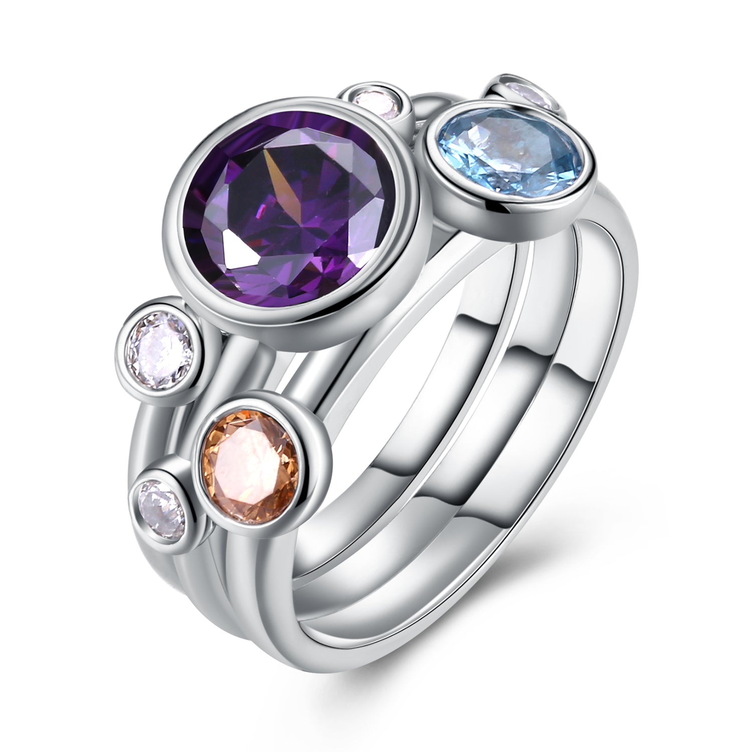 3pcs ring sets Round Purple-blue-champagne crystal CZ lovely jewelry jewellery best gift for girl colorful fashion rings