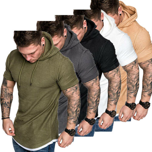 2019 men&#039;s summer short-sleeved hoodie sports shirt solid color gym sweatshirt casual fashion hip-hop short-sleeved hooded sweater