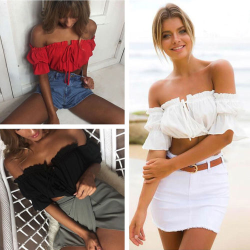 Womens Ladies Off Shoulder Crop Tops Summer Frill Bralet Bandeau Boobtube Tops Blouse Women Ladies Girl Casual Blouses Tops