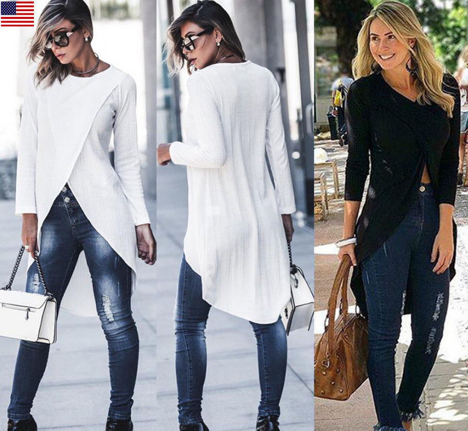 Designer Fashion Women&#039;s Knits & Tees Irregular Crew Neck Sleeve Long Tops Women Solid Casual Coat Autumn Blouses Pullover Woman Clothes