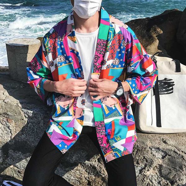 Fashion-Japanese Kimono Jacket Men Printed Cardigan Summer Casual Men&#039;s Jackets Hip Hop Streetwear Color Block Male Coats Outerwear