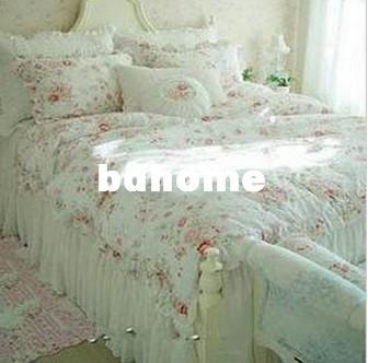 Vintage Red Rose princess Bedding set, floral cotton girls Duvet Cover king queen twin rural comforter set 4pcs free shippingShippingCustoms