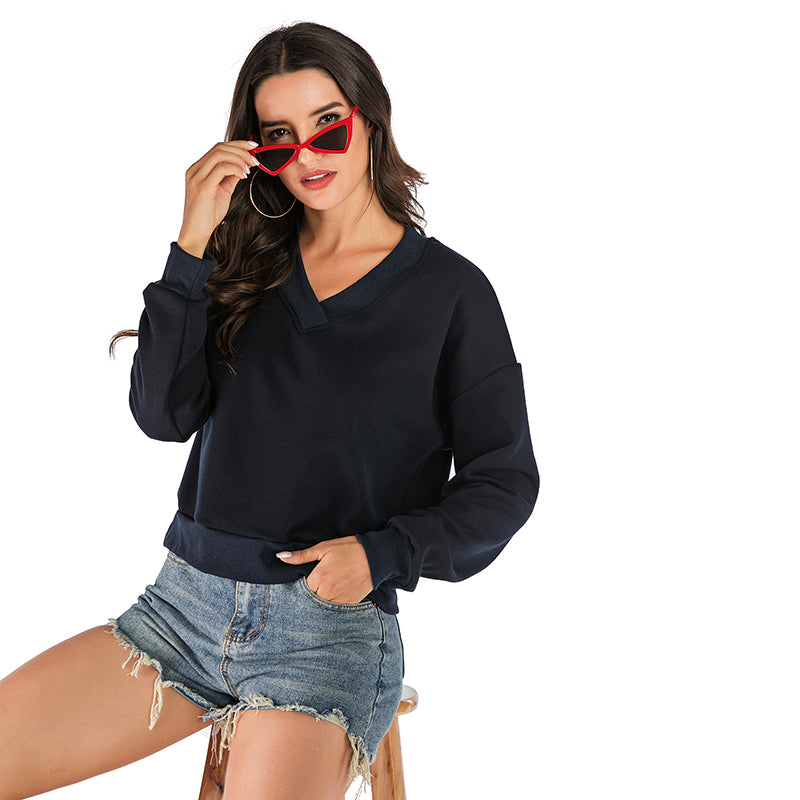 winter Black Hoodie V-Neck Long Sleeve Sweatshirts Women Korean Black Loose Female Casual Coat YY6171