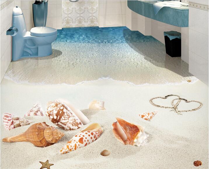 3d pvc flooring custom photo Self-adhesive wall paper floor Beautiful romantic beach shell seascape 3d wall murals wallpaper for living room