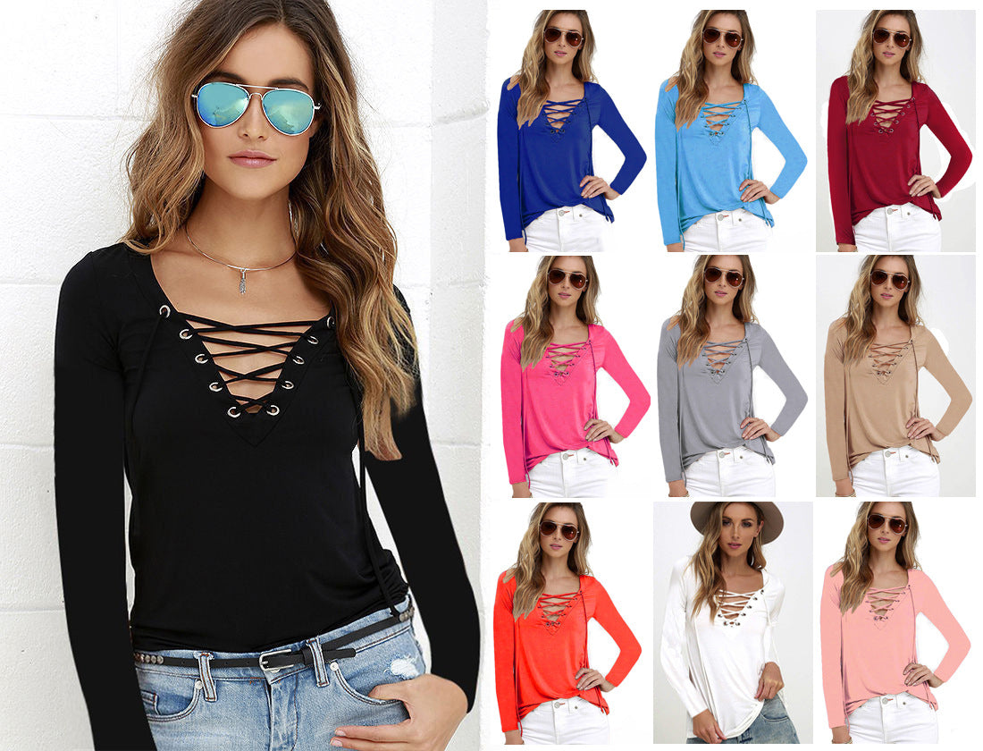 New Designer Women Long Sleeve Blouse V Neck Bandage Shirt Autumn Lace Blouses Casual Tee Womens Solid Color Shirts Tops Plain S-5XL