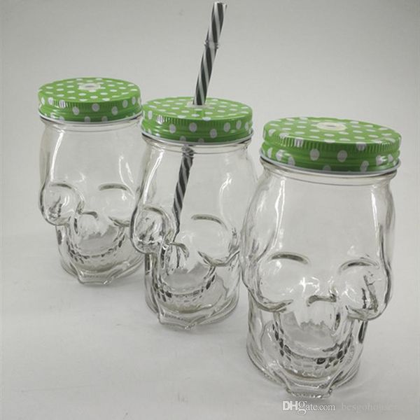 400ml Large Mason Juice Drink Cup Skull Straw Glass Mug With Lid Handle Creative SKull Shaped Mug Cold Drinking Bottles BH1189-1 TQQ