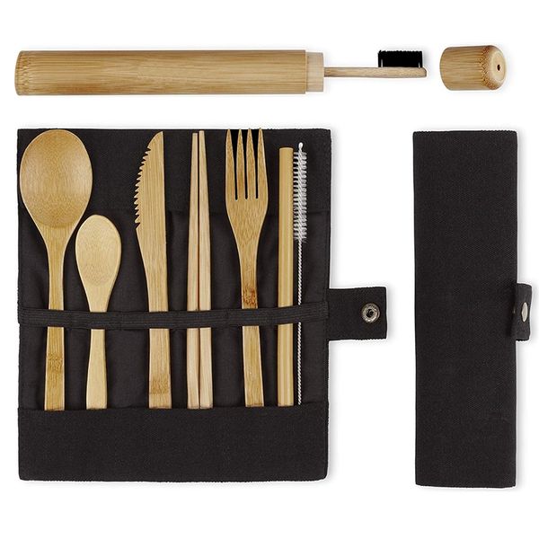 New lift style bamboo cutlery set spoon knife fork reusable healthy travel disposable eco friendly biodegradable flatware with case