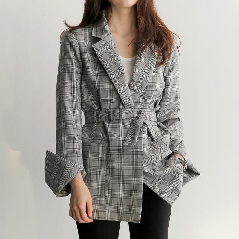 Women Plaid Office Blazer Fashion Bow Sashes Split Sleeve Jackets Elegant Work Blazers Gray Grid Coat Outwear