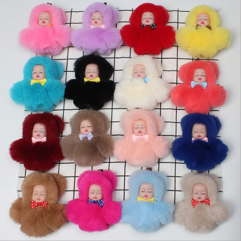 Mini Plush Key Rings Pompon Cute Baby Sleeping Doll Ball Kids Dolls keyring Keychain Soft Stuffed Toys Holder Charm For Girls