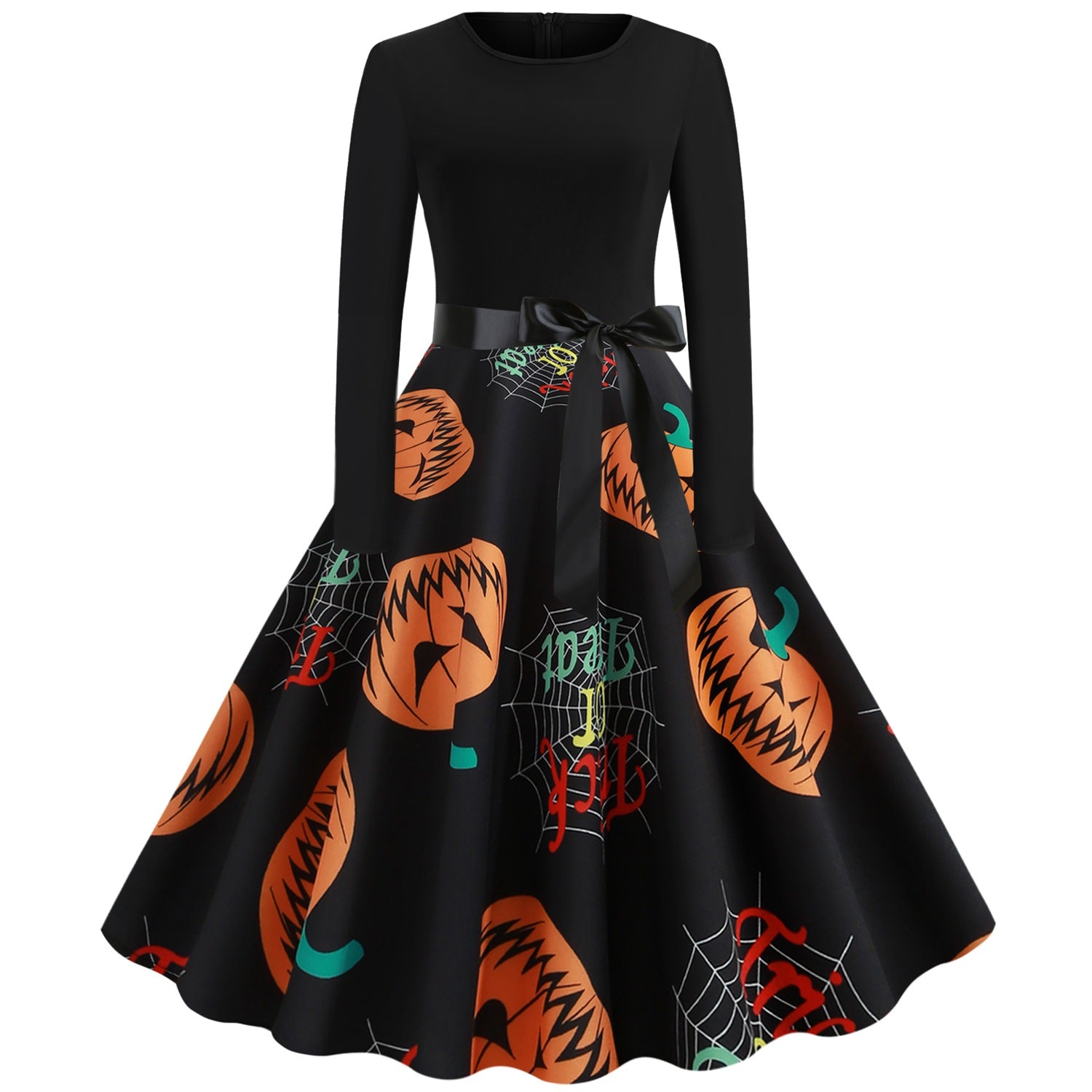 Halloween women fashion long sleeve dresses pumpkin printed belt skirts halloween costumes for adults 2019 fashion party dress