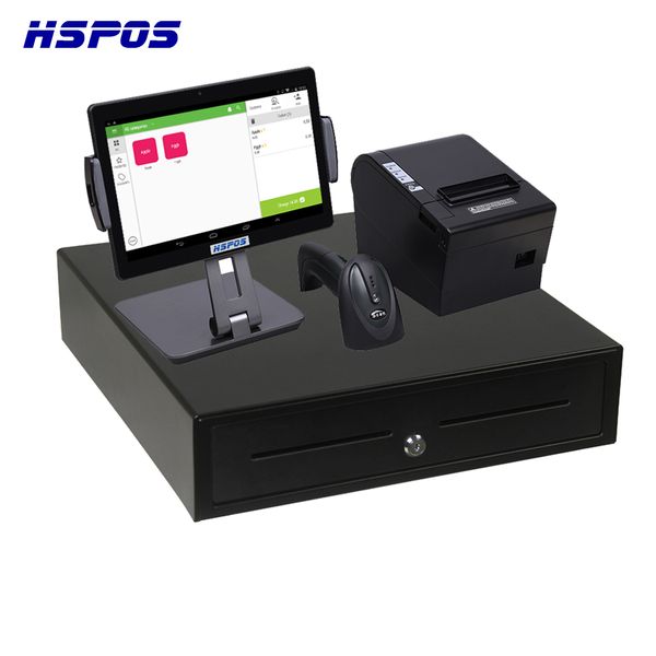 HSPOS 10 inch Android touch screen point of sale pos Terminal With Printer and Bluetooth Bar code Scanner And Cash Box