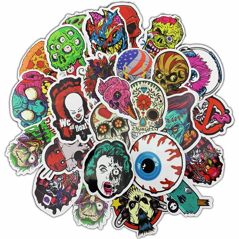 DHL 50 Pcs Cool Stickers Pack for Laptop Horror Skull Crazy Car Stickers and Decals Luggage Motorcycle Bicycle Computer Skateboard Snowboard