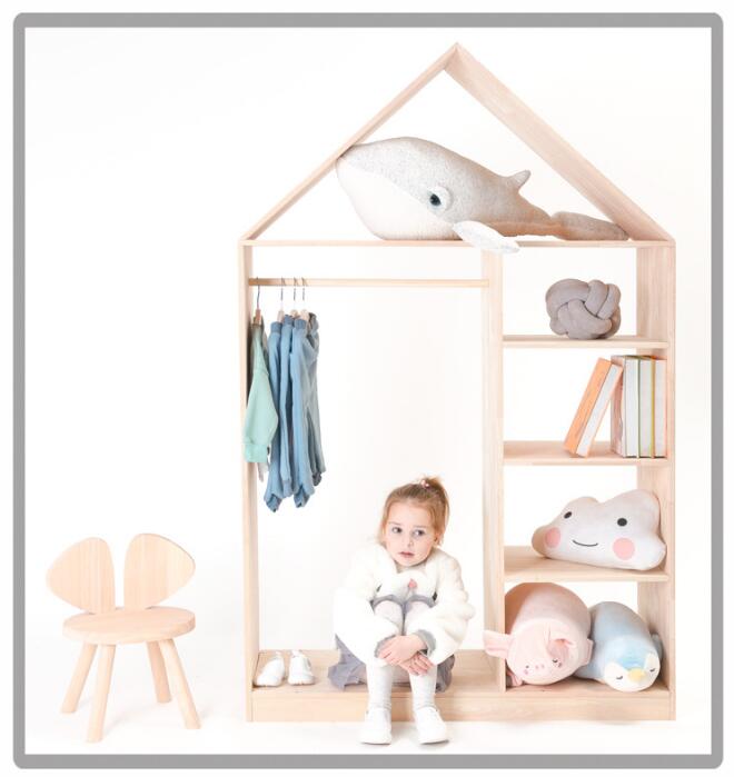 Children&#039;s room shelf wardrobe bookshelf Children Furniture simple solid wood kids clothing store shelfs landing multi-layer hanger
