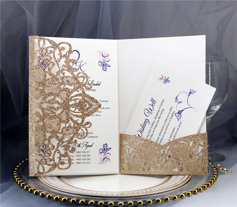 Glitter Laser Cut Wedding Invitation Cards Hollow Bridal Shower Wedding Cards Engagement Birthday Business Graduation Invitation Card