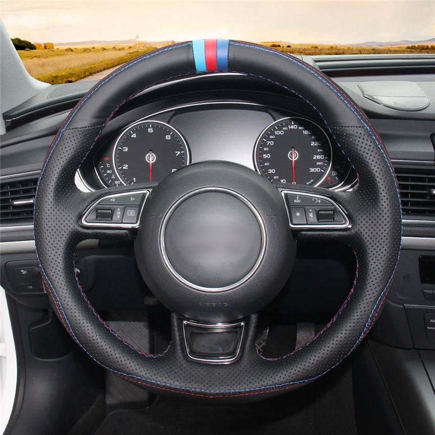 For Audi A1 A3 A5 A7 car steering wheel cover black leather blue red thread DIY