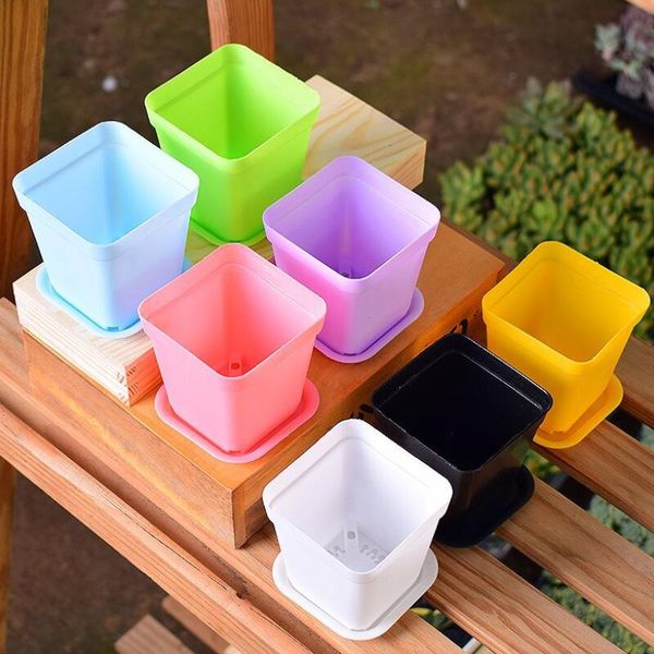 Mini Colorful Flower Pots Plastic Flower Pots Desktop Potted Plants Succulents pot with Tray square planters LX8921
