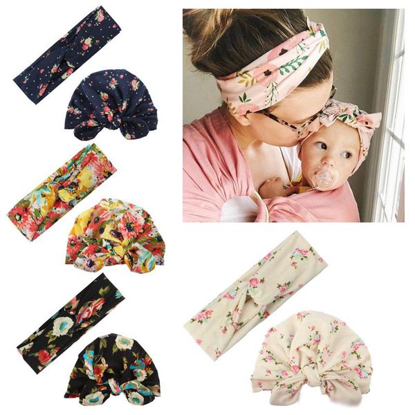 Mom Baby Floral Headband Infant Girls Little Flower Bow-tie Headbands Kids Designer Headwear Toddler Baby Cotton Hair Bands