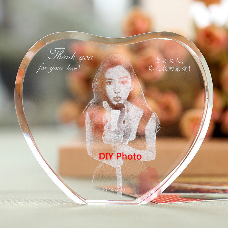 Cool Heart Crystal Photo Frame Custom 2D-3D Laser Engraving Baby, Family, Travel, Wedding Picture Frames For Glass Frames with standing