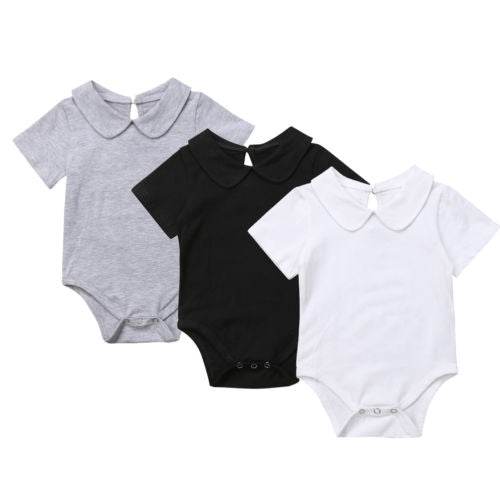 Free Shipping Newborn Infant Baby Girls Boys Casual Bodysuit Short Sleeve Peter Pan Collar Solid Cotton Jumpsuits Playsuit 0-1Y