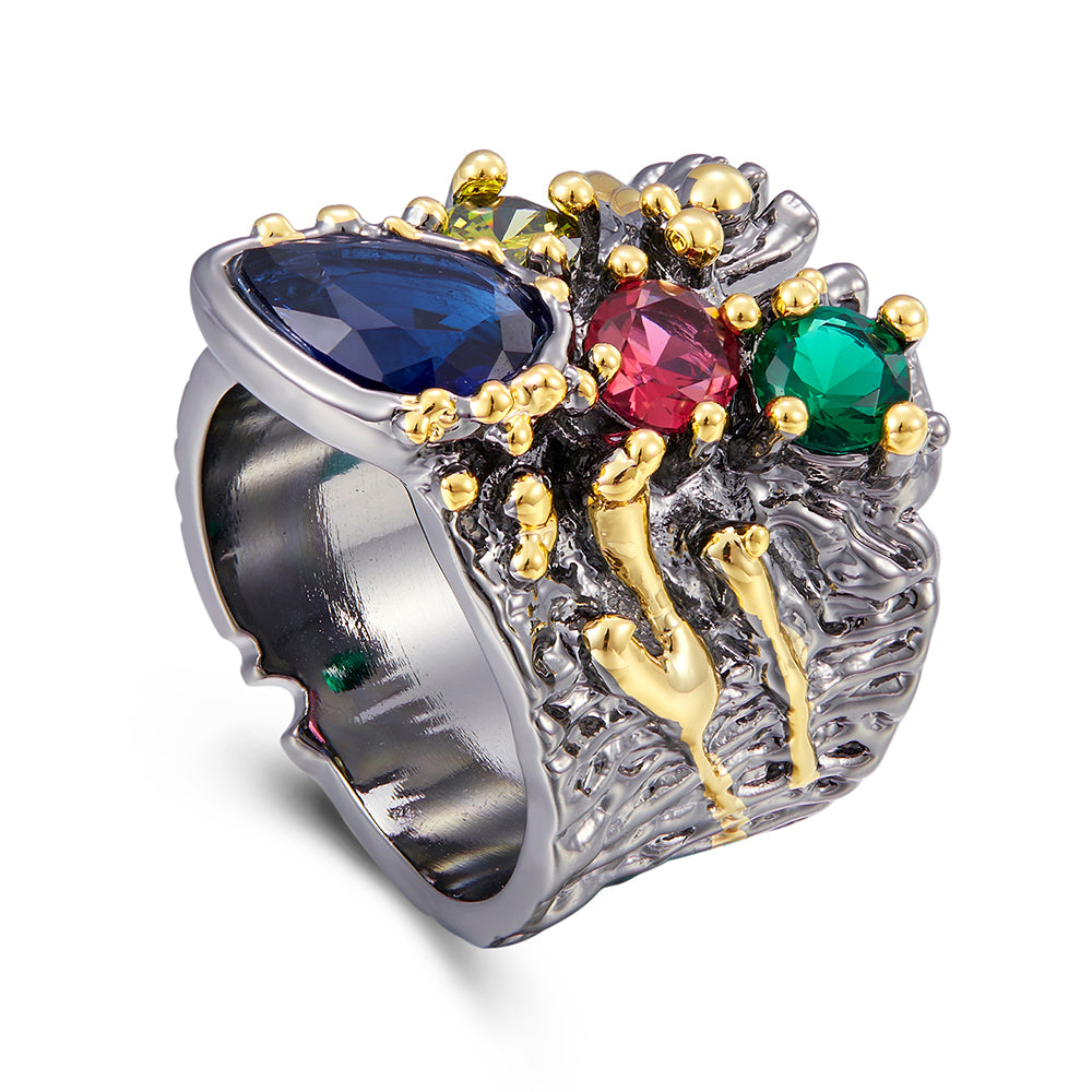 Large Wide Ring Blue Multi Colorful Stones Fashion Jewelry Top Jewellery Big Rings for women