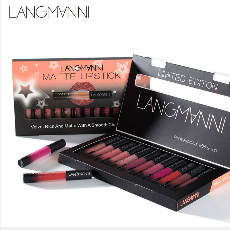Matte Lipstick Set 12pcs-lot Waterproof Nutritious Velvet Lipstick Red Tint Nude Women Fashion Lips Makeup Set