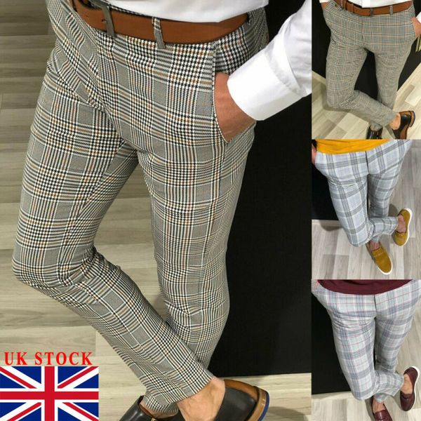 Men&#039;s Formal Business Checked Loose Trousers Smart High Waist Pockets Casual Office Work Party Long Trousers