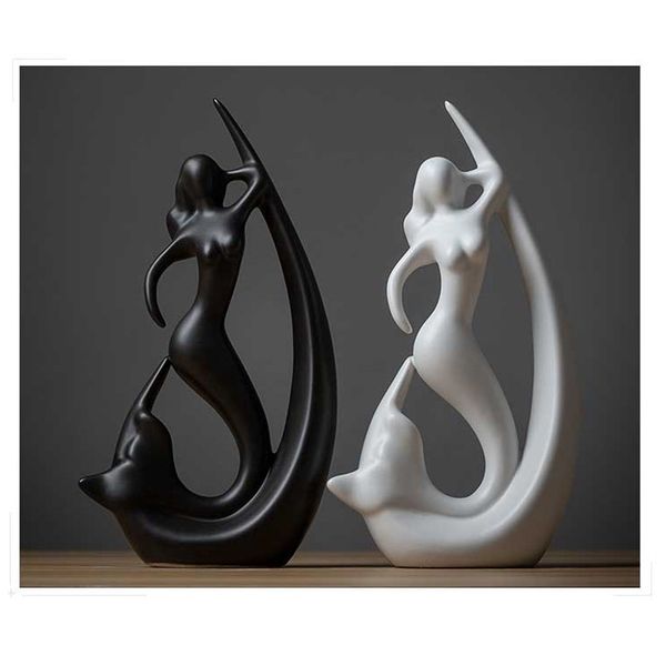 Nordic Indoor Ceramic Desk Decoration Modern Living Room Black White Mermaid Decoration Abstract Art Crafts Home Office Furnishing Articles