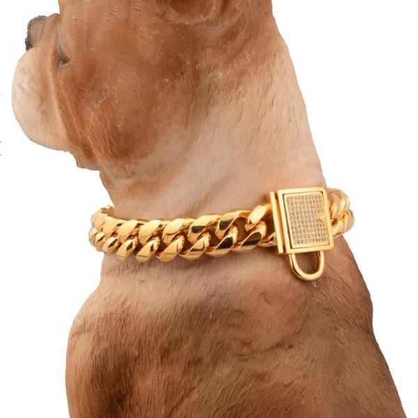 14MM Charm White Rhinestone Lock Buckle Cut Curb Cuban Link 316L Stainless Steel Gold Dog Chain Pet Collar Choker Necklac 12-34&quot;