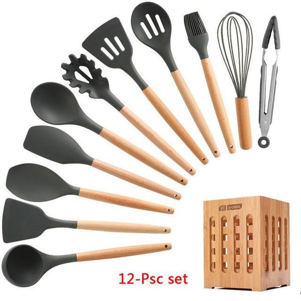 11-12PCS Silicone Kitchen Set Nonstick Spatula Wooden Handle Cooking Utensils Sets Kitchen Tools kit Accessories with Holder Box