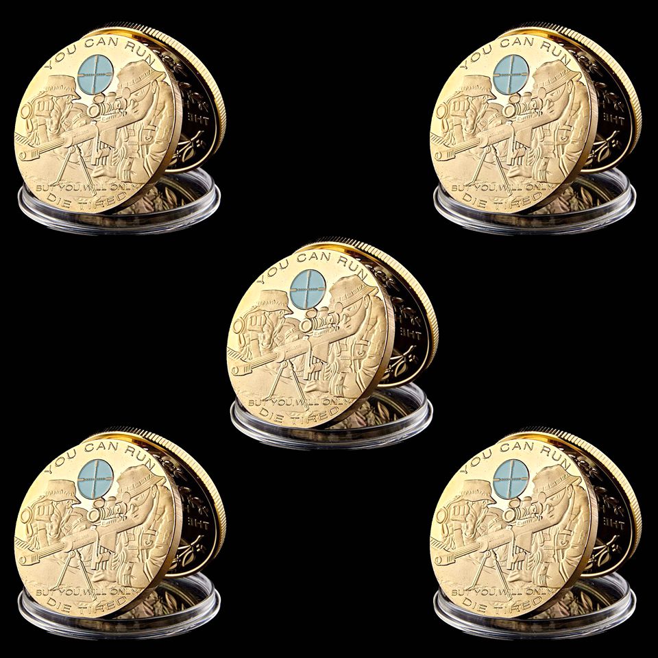 5pcs Military Craft You Can Run But You Will Only Die Tired US Sniper Soldier 24k Gold Plated Challenge Coin