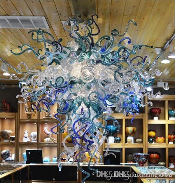 Blue Glass Ceiling Chandelier LED Flush Mount Lighting Fixtures Living Room Dining Art Decor Modern Chandelier with Led Bulbs