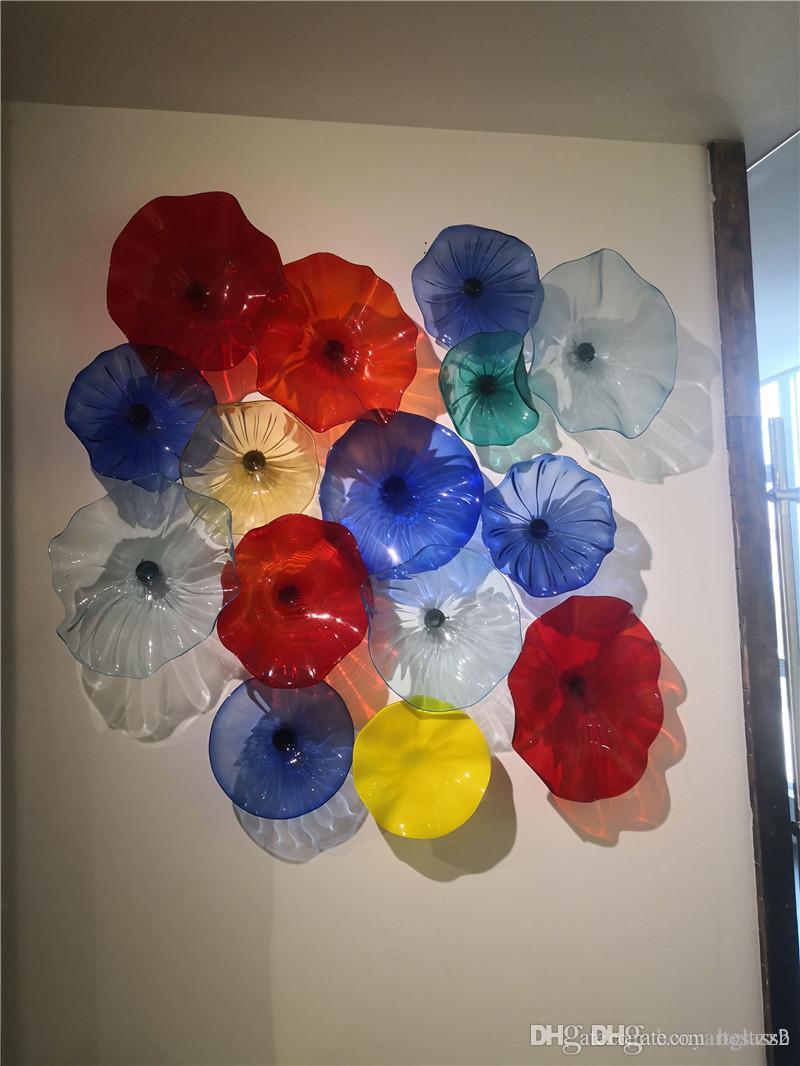 Red Blue Elegant Glass Wall Decoration Blown Glass Plates Murano Glass Style Wall Art Plate Lights