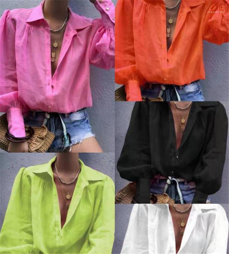 Fashion Fluorescent Color Lapel Neck Shirts Vintage Womens Long Sleeve Relaxed Tops Women Lantern Sleeve Blouses