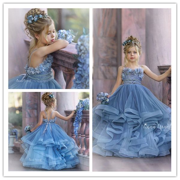 2020 Haze Blue Flower Girl Dresses for Wedding Lace 3D Floral Appliqued Little Girls Pageant Dress Tiered Skirts vestidos de desfile