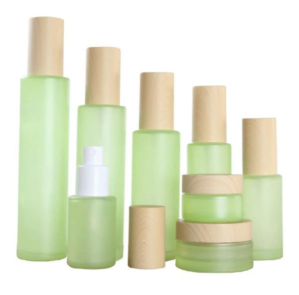 30 60 80 100 120ML Frosted Green Glass Bottle Perfume Atomizer Refillable Empty Spray Bottle Wood Grain Lids Frost Cream Jar Container SN435