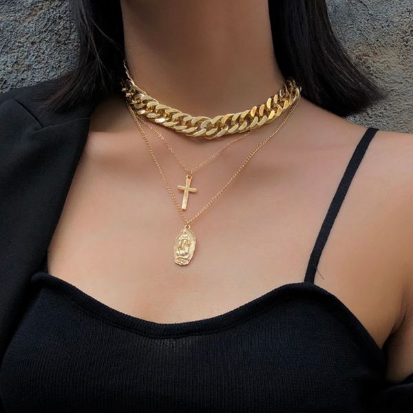 Punk Multi Layer Curb Cuban Thick Choker Necklace Collar Statement Virgin Mary Cross Pendant Necklace Women Jewelry