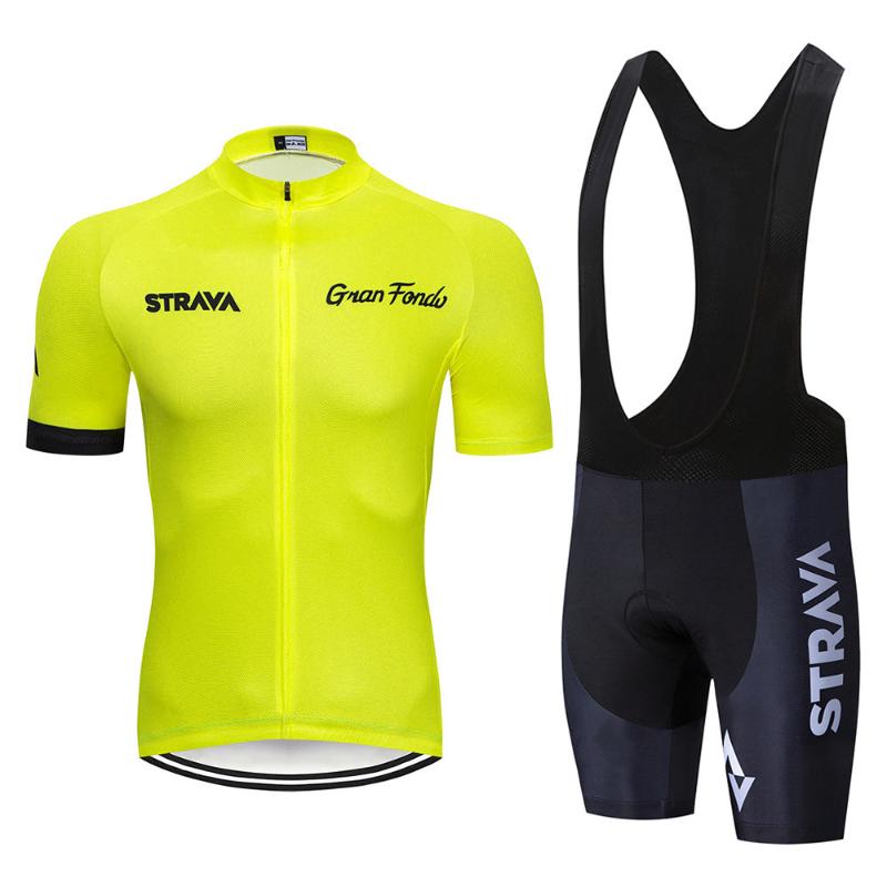 2020 STRAVA Cycling Clothing Bike jersey Quick Dry Men Bicycle clothing summer Cycling Jersey bike shorts set Fluorescent yellow