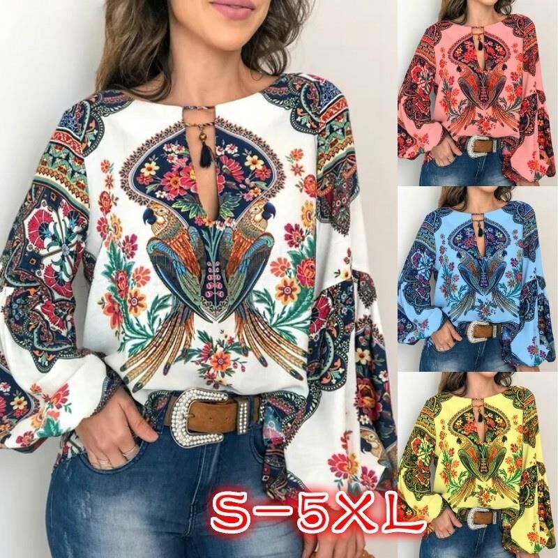 2020 Women Crew Neck Spring Printed Blouse Luxury Floral Blouses New Summer Fashion Designer Shirts Tops Long Sleeved Shirt S-5XL