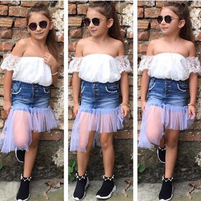 New Girls Sets Children Summer Suit Skirts Strapless Tops + Fashion Mesh Jeans Skirts 2020 New Style Children Two-piece Kids Casual Suits