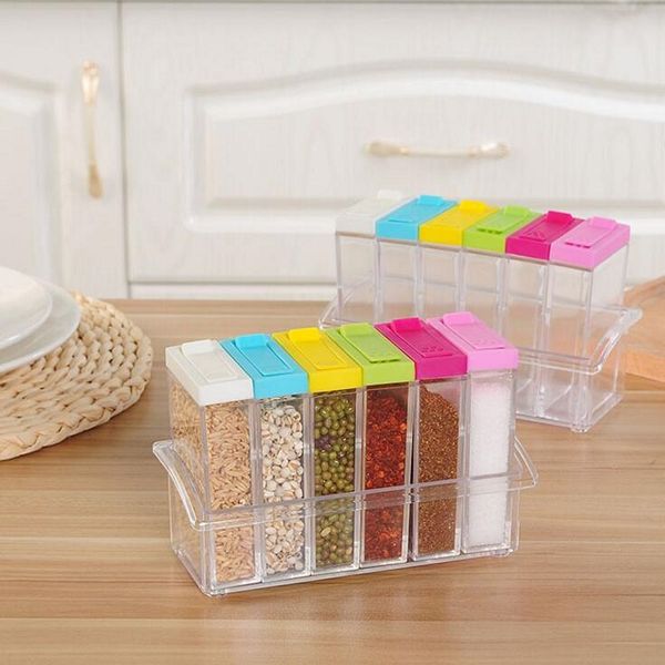 Clear plastic Seasoning Jar 6pcs-set Kitchen Condiment Storage Bottle Salt Pepper Cumin Powder Box WB1904