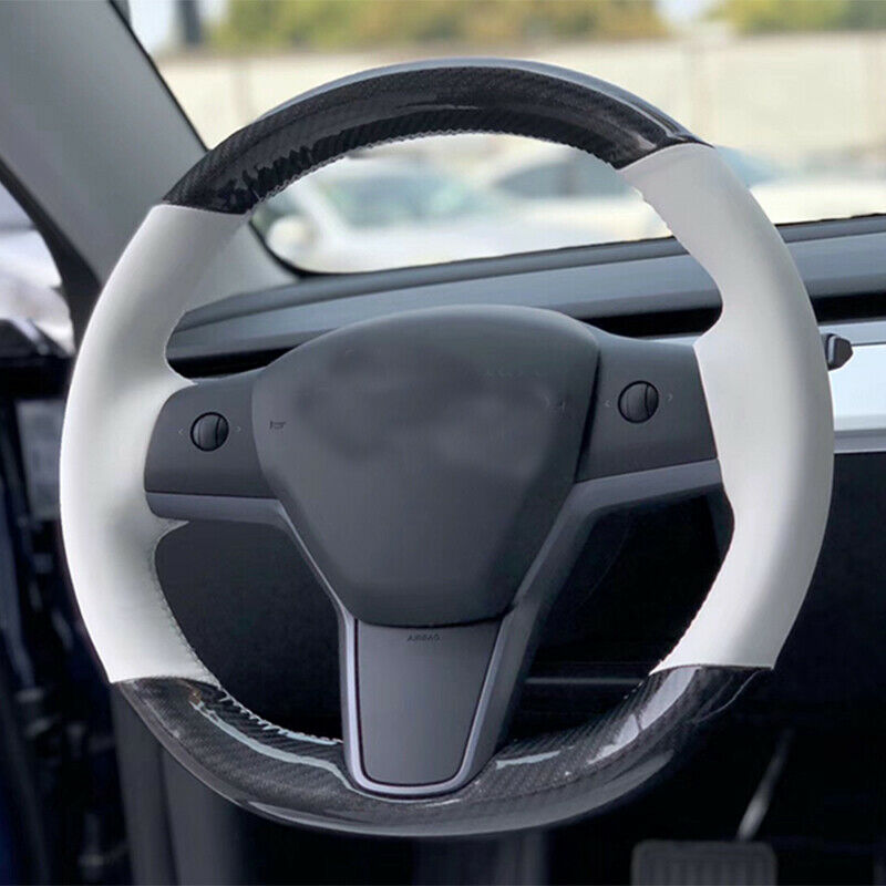 Hand seam Carbon fiber white leather DIY Car Steering Wheel Cover for Tesla Model 3 2017-2020