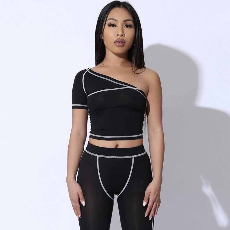 Women Fashion Suit Yoga Sports Suits Women One Shoulder Sportwear Two-pieces Slim Tops+pants Designer Sets Ourdoorwear Wholesale