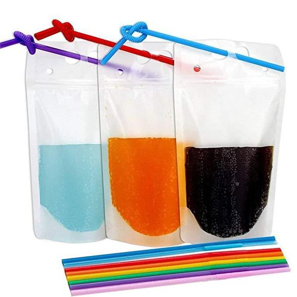 500ML Drink Pouches with Straw Smoothie Bags Juice Pouches Heavy Duty Hand-Held Translucent Reclosable Ice Drink Pouches Bag