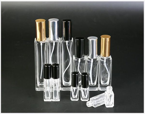 3-6-10-20-30-ml Square Glass Spray Bottle Refillable Perfume Atomizer Empty Clear Glass Parfum Bottles Gold Black Silver Cap SN826