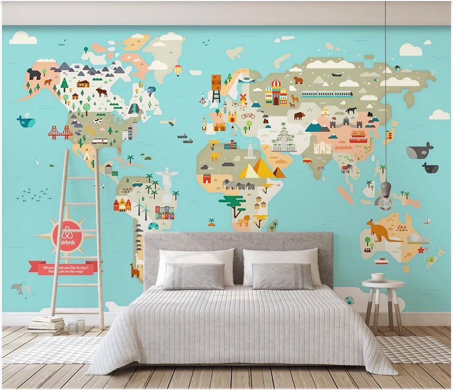 3d wallpaper wall decor custom photo Modern fashion hand drawn world animal map cartoon animal background household wall art canvas pictures