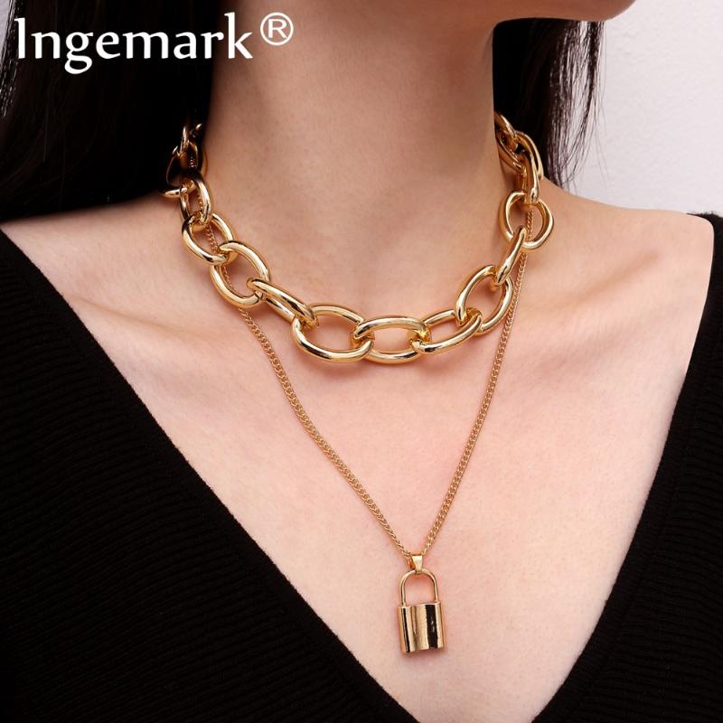 Ingemark Punk Lover&#039;s Lock Pendant Choker Necklace Boho Clavicle Golden Thick Chain Necklace Collier Valentine&#039;s Day Gift 2020