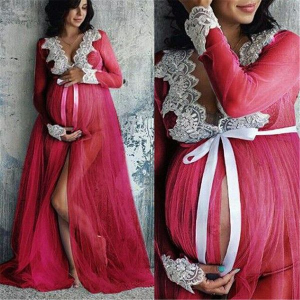 Women Lace Maternity Wedding Robe Pregnancy Chiffon Nightgowns Bathrobe Sleepwear Plus Size Appliques Bridal Robe Nightdress