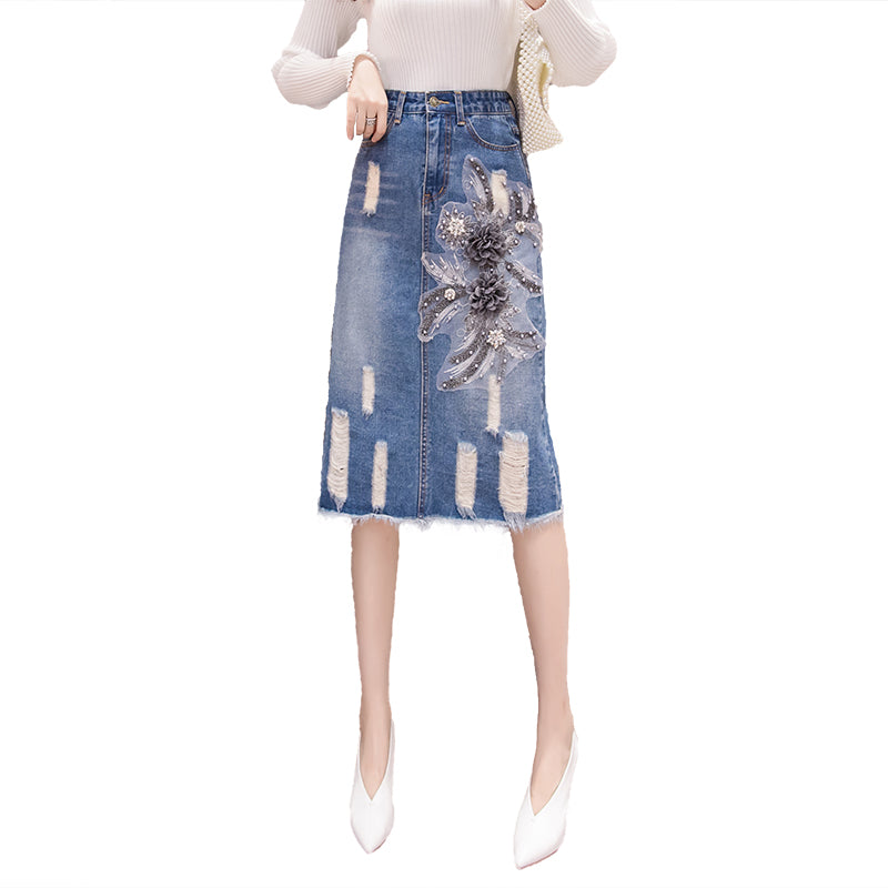 Lake Blue European Fashion Embroidered Denim Skirts ShuHua399