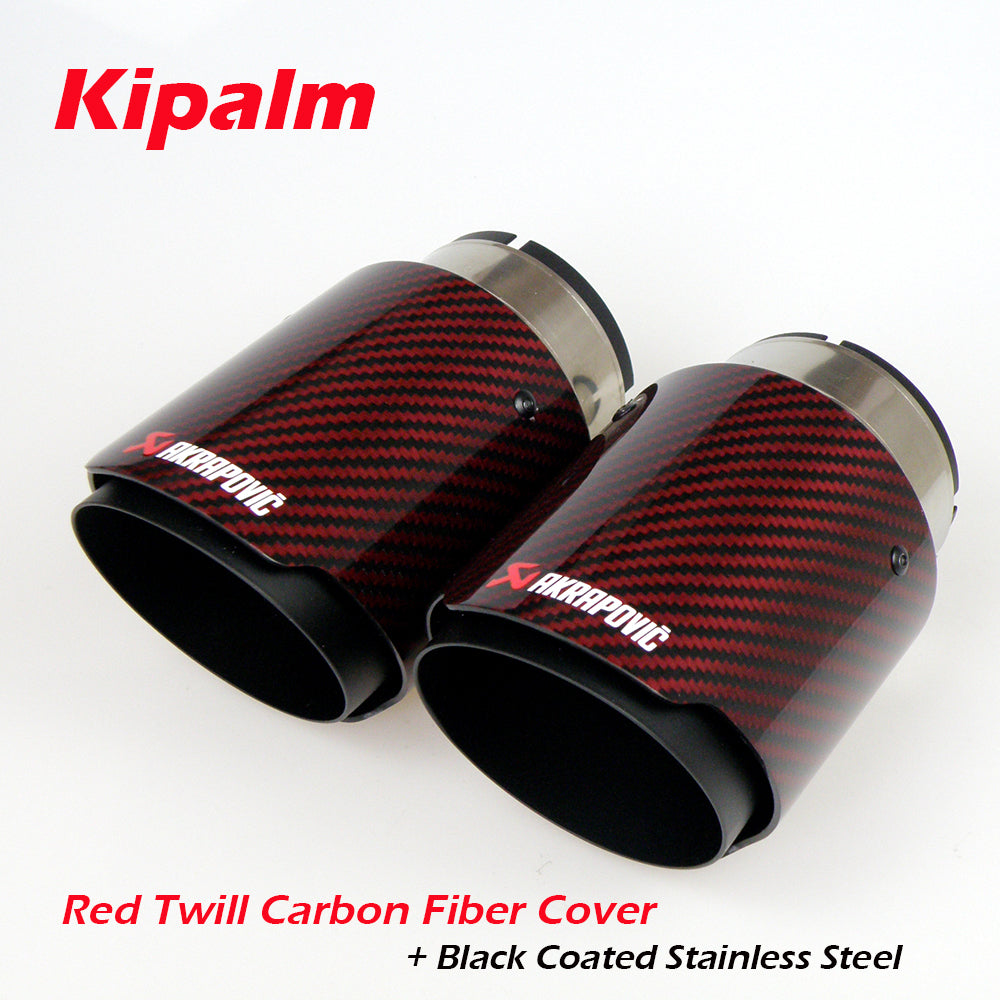 Universal Akrapovic Carbon Fibre Car Exhaust Pipe Muffler Tip Glossy Red Twill Carbon Fiber Cover + Black Coated Stainless Steel